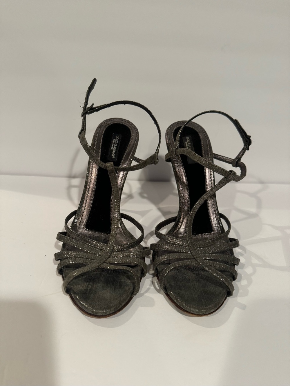 Dolce & Gabbana Vintage Gunmetal Metallic T-Strap Sandals | EU 37